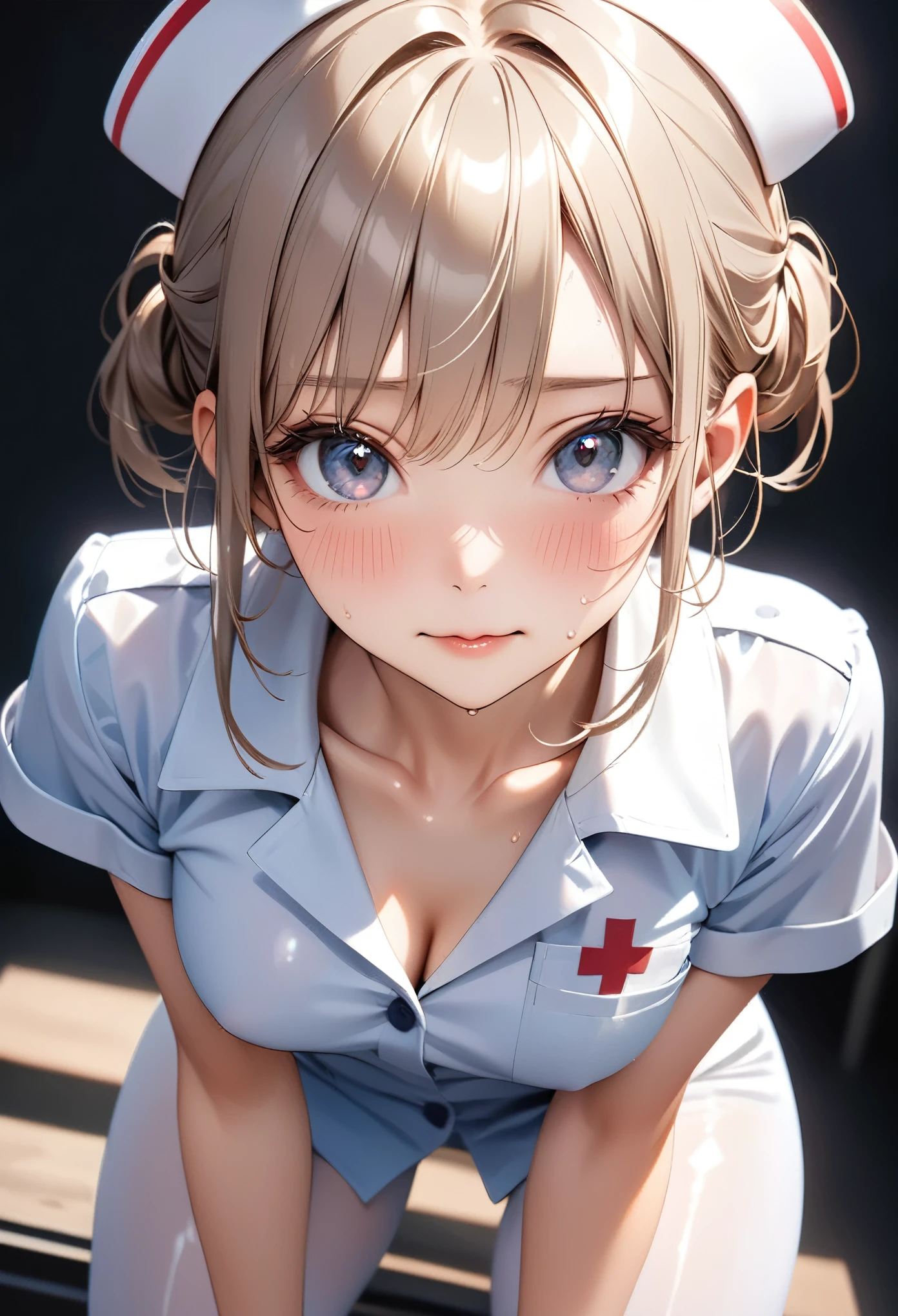 (((nurse uniform), (white pantyhose), (Shiny Costumes))), skindentation, skinny, solo, 1 woman, Masterpiece, highest quality, highest quality, 16K, incredibly absurd, highly detailed, 2.5D, ai-generated, delicate and dynamic, very delicate facial expressions, delicate eye depiction, erotic, only sexy woman, ((A cute and kind face)), healthy figure, ((25-year-old woman)), 160cm tall, medium firm swaying bust, blush, Sweat,Embarrassed,sexy, ((thin thighs)), (camel toe:0.7), (visible nipples:0.3), (Erect nipples,:0.7), shiny and lustrous, facing straight at viewer,  (((in heat))), ((Oily_skin)), ((dutch angle)), ((erotic pose)), ((one keene))