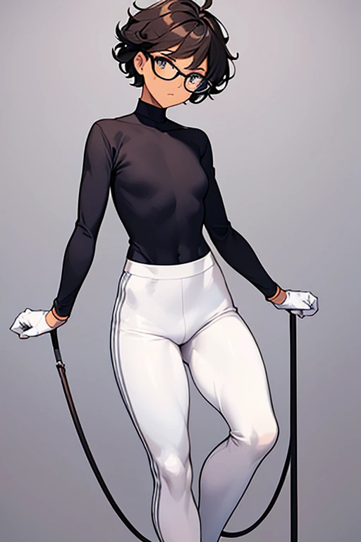 Really embarrassed tomboy thin hairly girl, with short gray curly hair, brown skin and glasses,Dressed only in white gloves, full body, gymnastic poses
