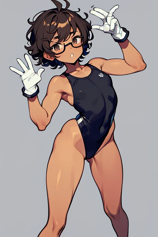 Really embarrassed tomboy thin hairly girl, with short gray curly  hair, brown skin and  glasses,Dressed only in white gloves, full body,  gymnastic poses 