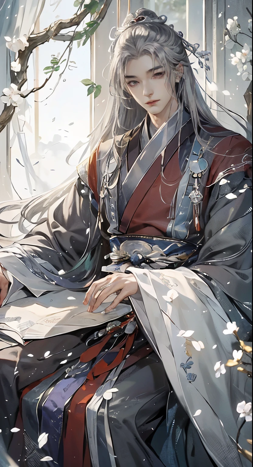 (Extremely refined:1.2), 8K, (masterpiece, 最好of:1.0), , (长of_silver_hair_male:1.5), upper body, along_hair男, Cool and attractive, of_gaze, Wear white Hanfu, 以及复杂of细节, 以及复杂of细节, 精致of眼睛和细致of脸, 完美of眼睛, 平等of眼睛, 奇妙of灯光和阴影、white room background、 Uses backlight and rim light