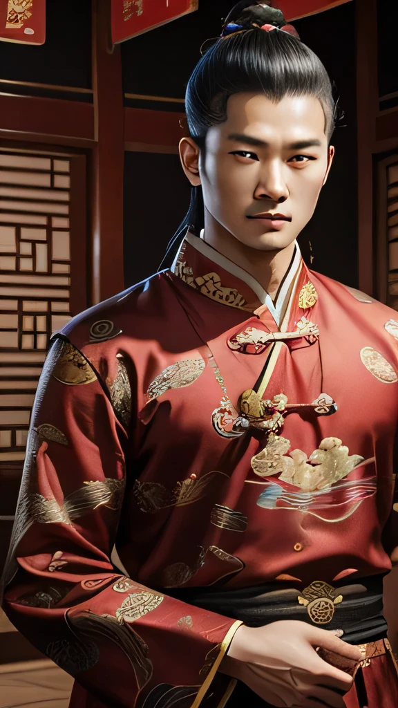oriental、man in ancient chinese clothes、ancient chinese hairstyle man、three kingdom、multiple warlords、highest quality、masterpiece、Super high resolution、(photoreal:1.4)、Game Posters、inside the house、