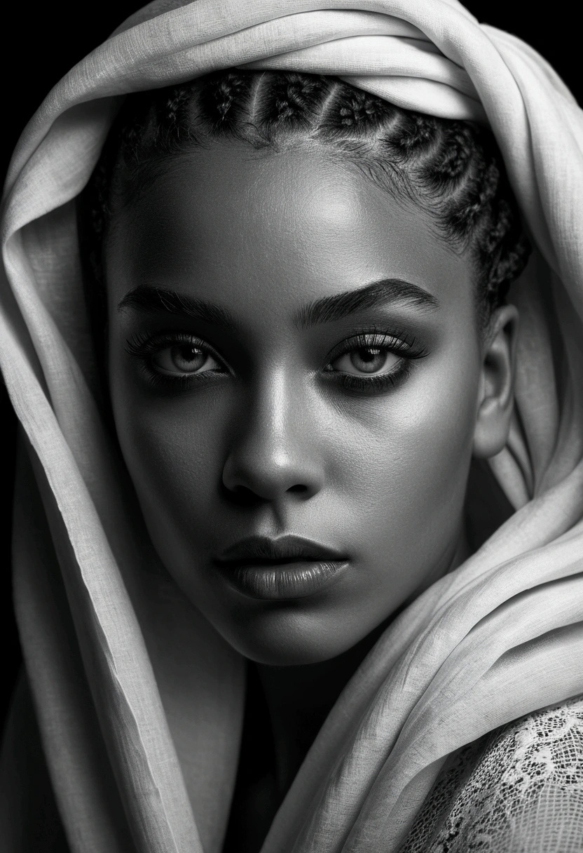 a girl with beautiful eyes, beautiful lips, long eyelashes, cornrows/bun hairstyle, face partially covered by a cloth, high contrast black and white, dramatic lighting, cinematic, chiaroscuro, oil painting, photorealistic, 8k, extremely detailed, masterpiece, studio lighting