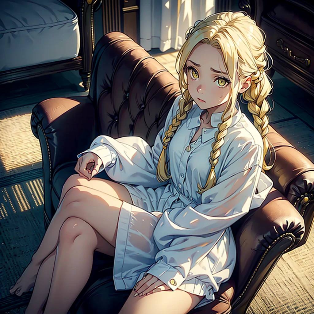 A woman, 20 years, by the wide, by white, honey yellow eyes, small braids in her hair, chest a little big, beautiful body, fearful eyes, shy facial and body expressions, sloppy clothes, full body, sitting in an armchair, view from above