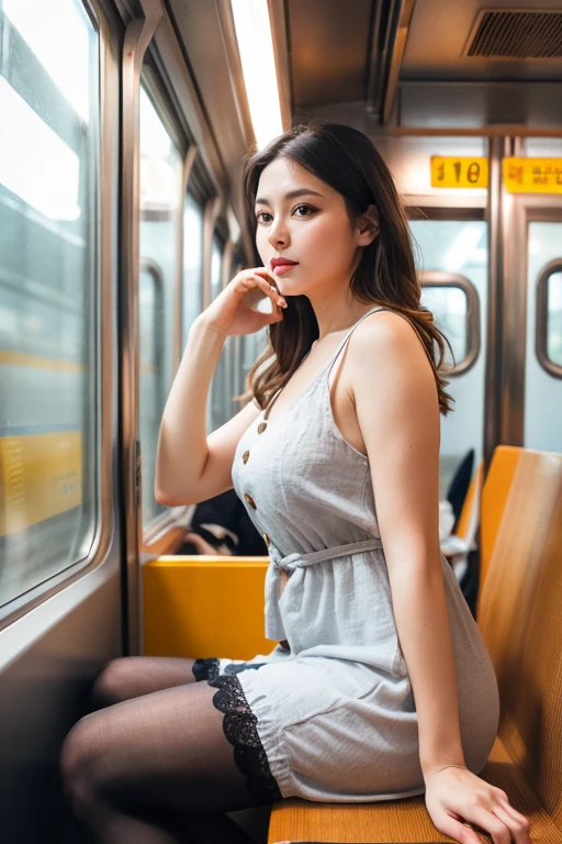 (masterpiece, Highest quality, 8k, RAW Photos, beautifully、beautiful:1.2),  Intricate details, indirect lighting, Realistic,
whole body, Sitting on a chair on the train、Gazing at the audience、Voyeur、
 Square neck button-down linen sundress, (Ultra-realistic pantyhose)、
 Women&#39;s training , Chair to sit under skirt,