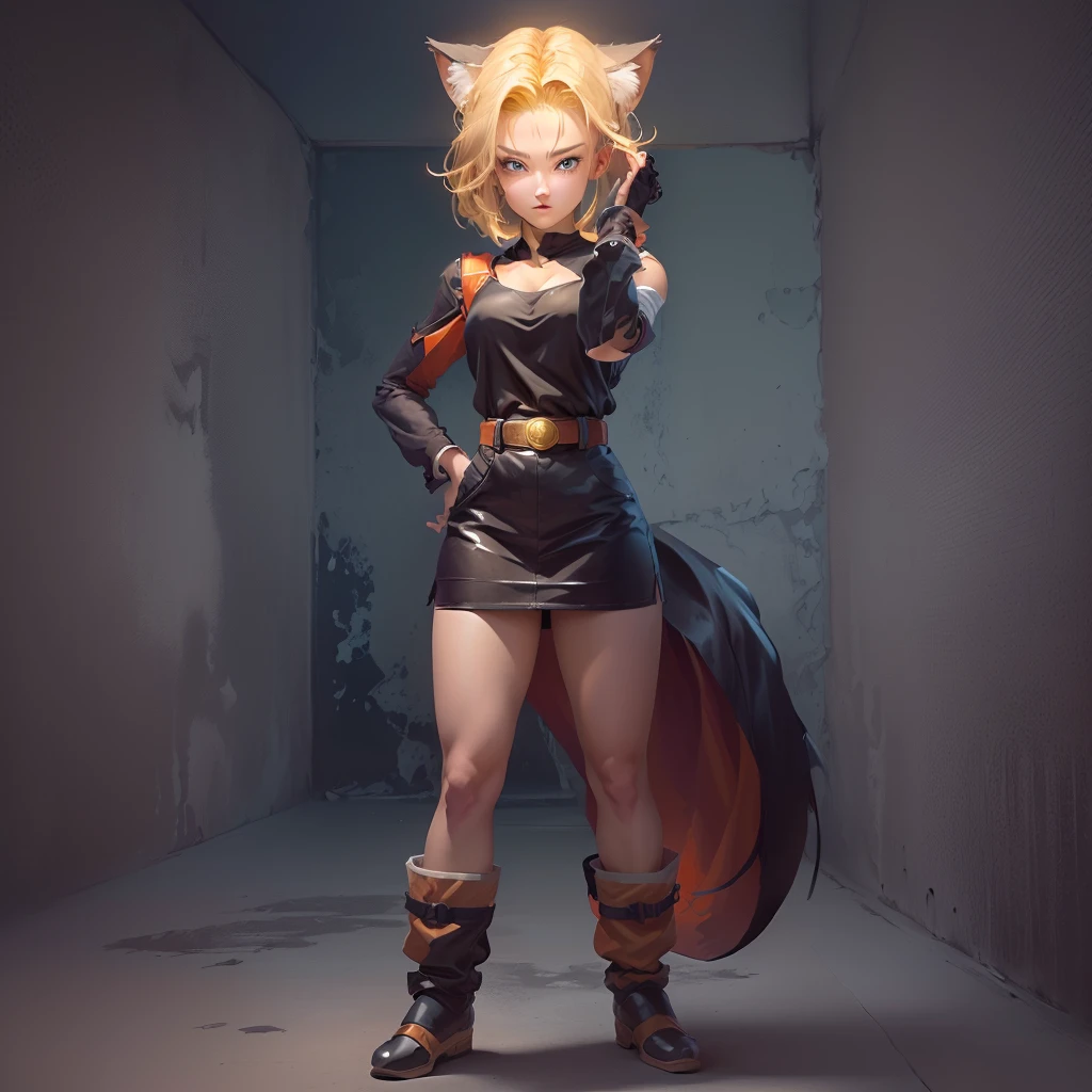 a close up of a person with a cat head and a skirt, android 18, saiyan girl, official character art, female goku, by Tadashi Nakayama, official render, detailed image, female protagonist 👀 :8, full body female, ( ( character concept art ) ), attractive cat girl, female full body, full character body, annie leonhart