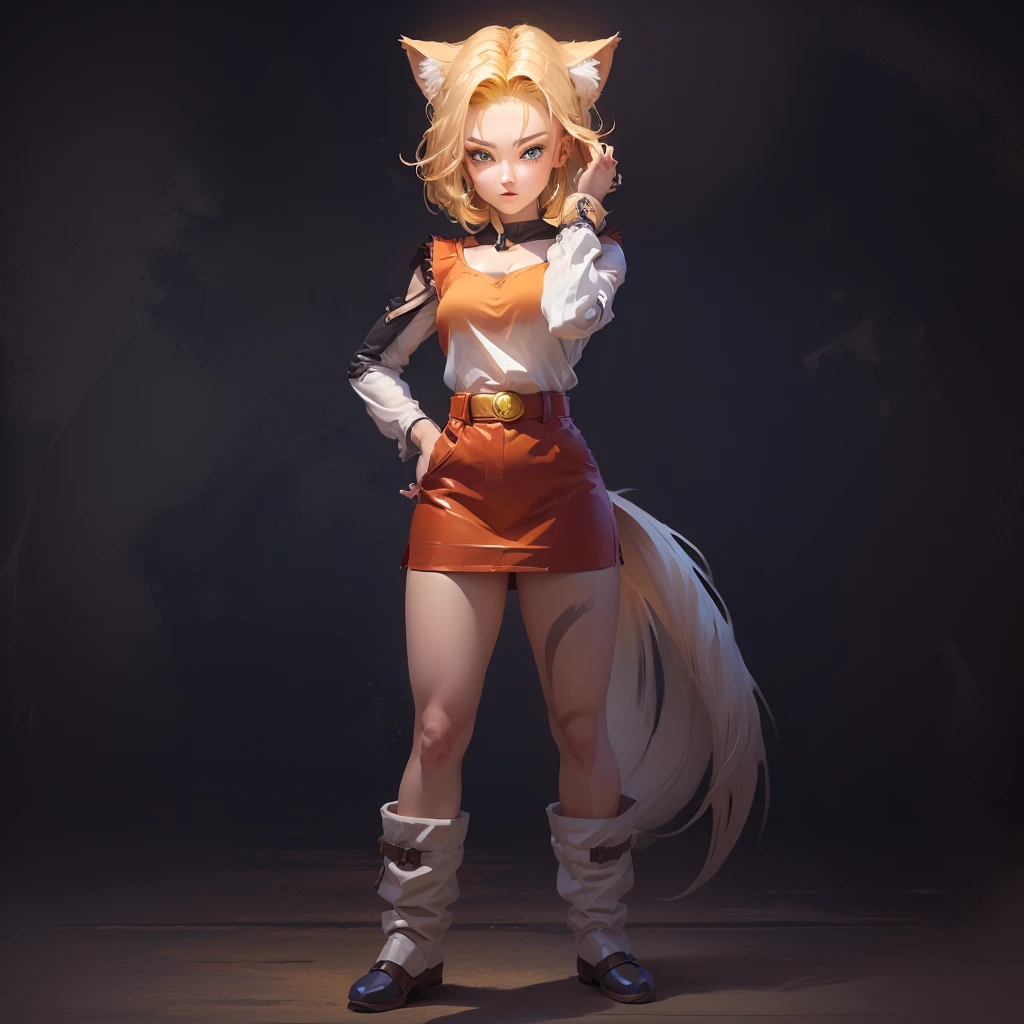 a close up of a person with a cat head and a skirt, android 18, saiyan girl, official character art, female goku, by Tadashi Nakayama, official render, detailed image, female protagonist 👀 :8, full body female, ( ( character concept art ) ), attractive cat girl, female full body, full character body, annie leonhart