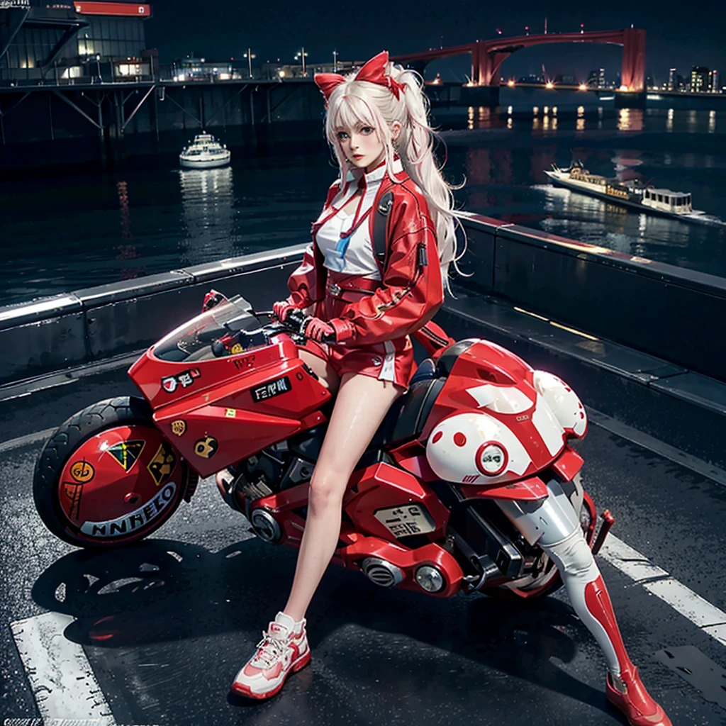 Official Art, Unity 8k Wallpapers, Ultra-detail, Beautiful and aesthetic, ​masterpiece, top-quality, realisitic, banya, red blush, length hair, white  hair, striated hair, Red Neon Eyes, Hair bow, Mole under the eyes, Red Akira Bike, Riding Bicycles, natta, Cyberpunk City View, Spectacular screen, Uniforms,neon color，Rin々Nice ，Cute ，bow ribbon，