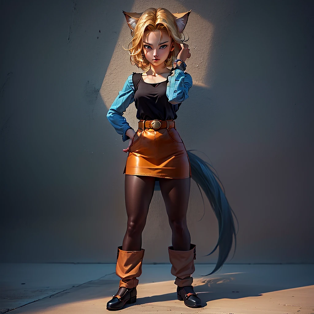a close up of a person with a cat head and a skirt, android 18, saiyan girl, official character art, female goku, by Tadashi Nakayama, official render, detailed image, female protagonist 👀 :8, full body female, ( ( character concept art ) ), attractive cat girl, female full body, full character body, annie leonhart