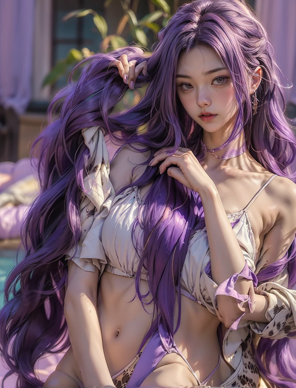 a giraffe with violet hair, extremely detailed face and eyes, getting her hair dyed, violet highlights, violet hair strands, ultraviolet highlights, flowing violet hair, long violet hair, lavender hair, two-tone hair, iridescent light violet hair, hair dye, photorealistic, 8k, high quality, vibrant colors, dramatic lighting, fantasy art