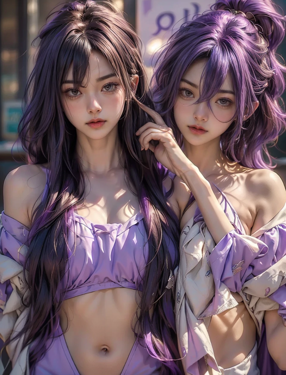 a giraffe with violet hair, extremely detailed face and eyes, getting her hair dyed, violet highlights, violet hair strands, ultraviolet highlights, flowing violet hair, long violet hair, lavender hair, two-tone hair, iridescent light violet hair, hair dye, photorealistic, 8k, high quality, vibrant colors, dramatic lighting, fantasy art