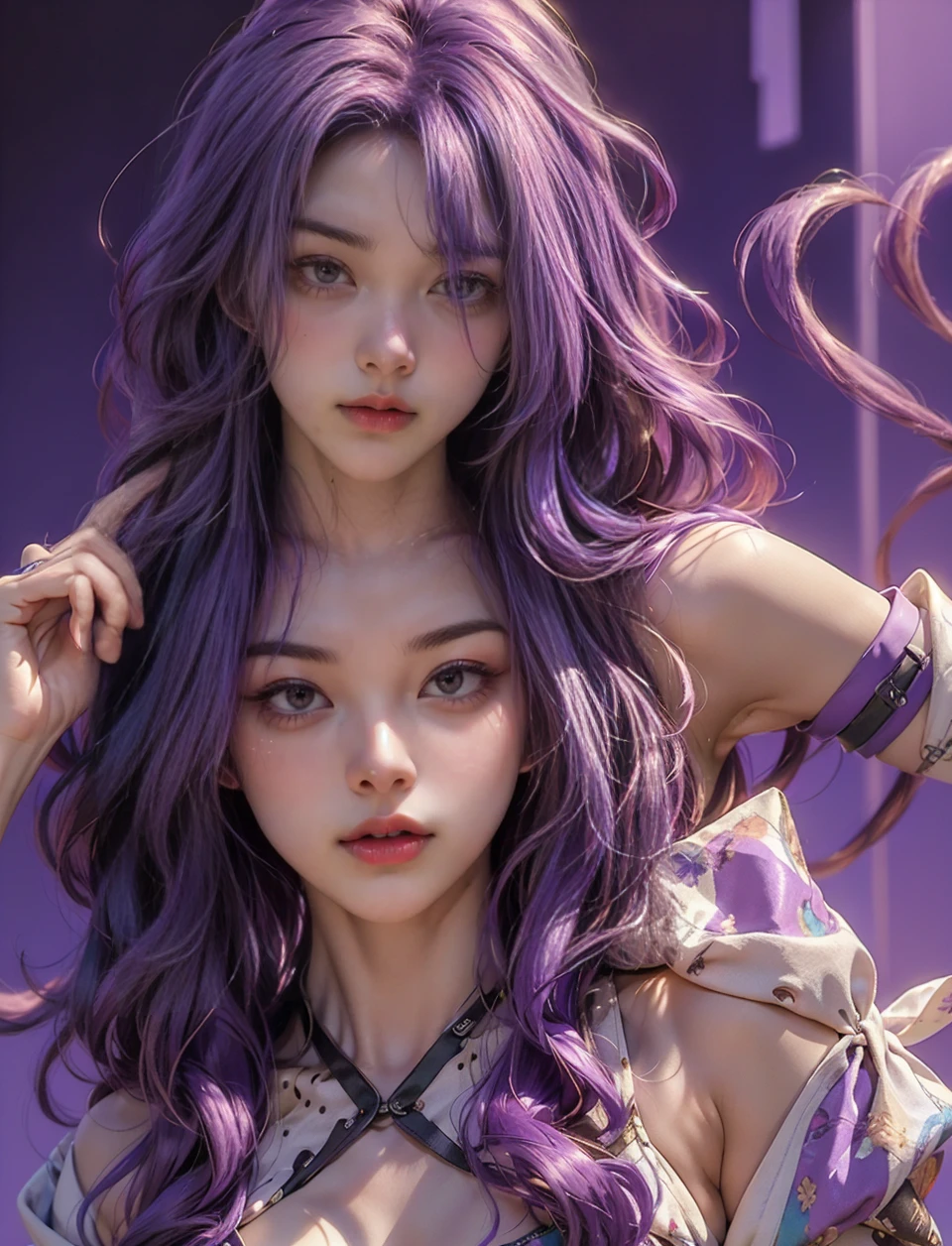 a giraffe with violet hair, extremely detailed face and eyes, getting her hair dyed, violet highlights, violet hair strands, ultraviolet highlights, flowing violet hair, long violet hair, lavender hair, two-tone hair, iridescent light violet hair, hair dye, photorealistic, 8k, high quality, vibrant colors, dramatic lighting, fantasy art