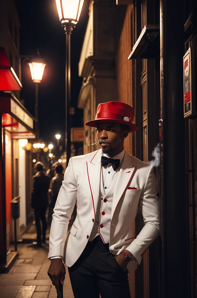 black man in a white and red suit and hat, leaning against a lamppost, smoking a cigarette and holding a playing card, leaning against a lamppost at night in a busy place