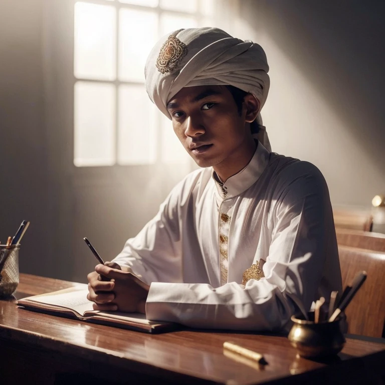 a young Indonesian man wearing an Arabic gamis, an imamah/turban on his head, sitting behind a teaching desk, realistic, 4k