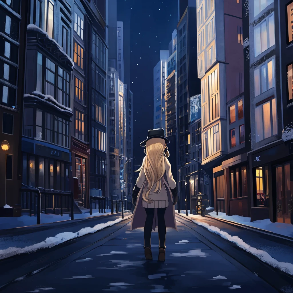 one girl with headphones, walks in streets of NYC, 22 years old, brunette hair, winter night. beautiful landscape of NYC, wearing fur coat, in night sky, travel, tourist, sweater, gloves, black winter hat, long blond hair,