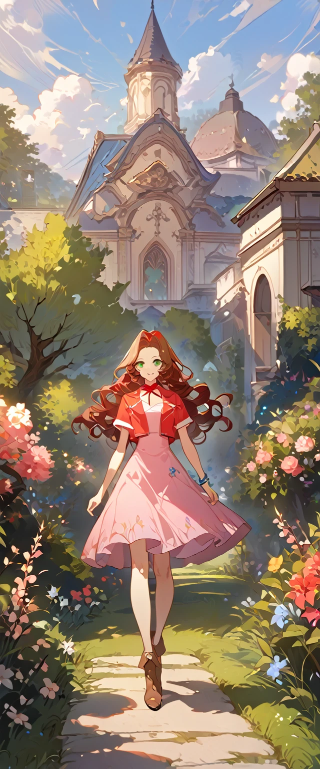 masterpiece, best quality, 8k, 4k, 1girl, aerith gainsborough, brown hair, high middle bang, longer side curly bang, long tight curly ponytail, green eyes, red hair ribbon, red bolero jacket, short sleeve jacket, cropped jacket, black tie choker, long pink straight dress, brown boots, bangles, walking in a garden, flowers, detailed background,, inspired by Asukaziye artist : ask, art style : ask