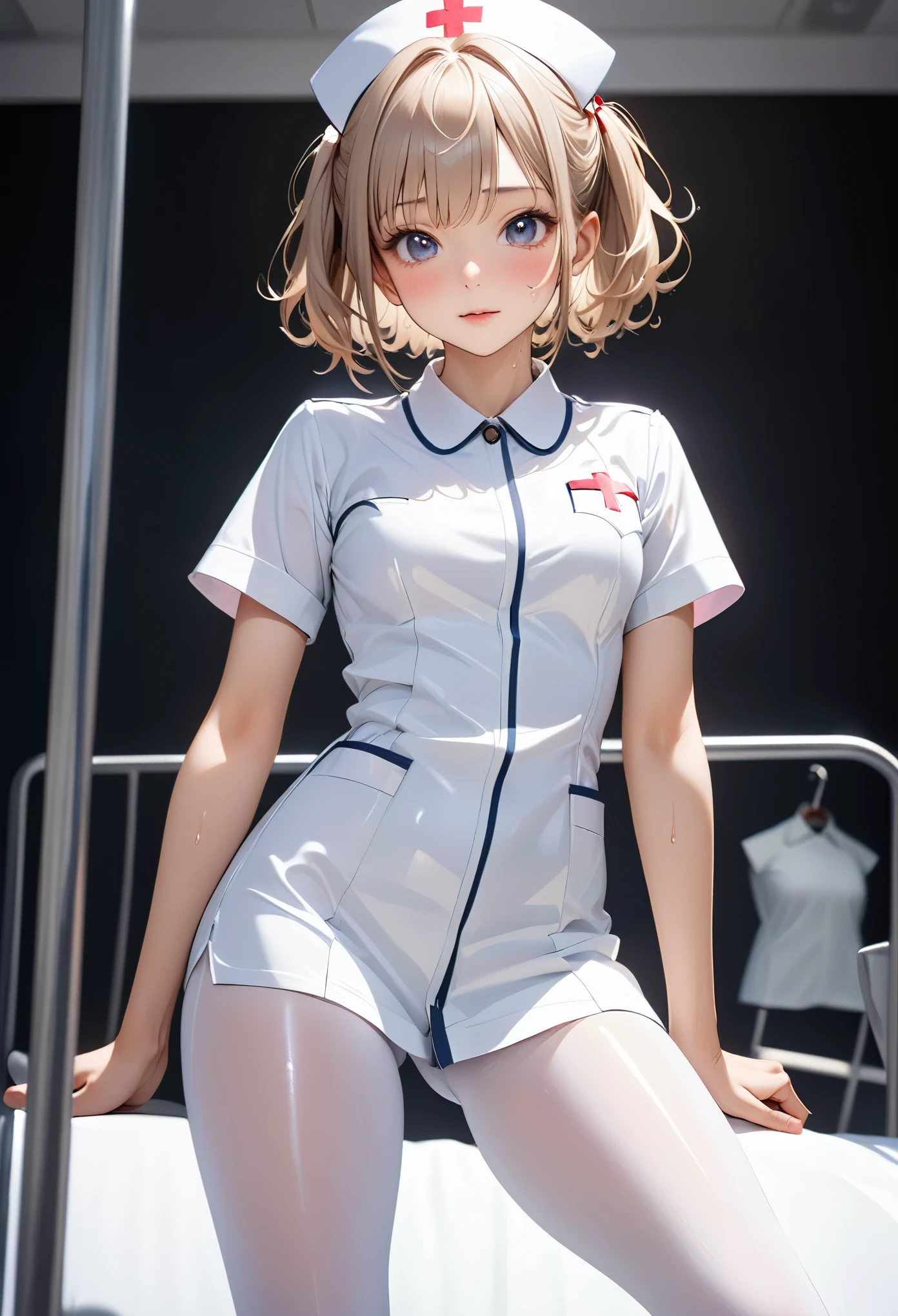 (((nurse uniform), (white pantyhose), (Shiny Costumes))), skindentation, skinny, solo, 1 woman, Masterpiece, highest quality, highest quality, 16K, incredibly absurd, highly detailed, 2.5D, ai-generated, delicate and dynamic, very delicate facial expressions, delicate eye depiction, erotic, only sexy woman, ((A cute and kind face)), healthy figure, ((25-year-old woman)), 160cm tall, medium firm swaying bust, blush, Sweat,Embarrassed,sexy, ((thin thighs)), (camel toe:0.7), (visible nipples:0.3), (Erect nipples,:0.7), shiny and lustrous, facing straight at viewer,  (((in heat))), ((Oily_skin)), ((dutch angle)), ((erotic pose)), ((one keene)), latex,