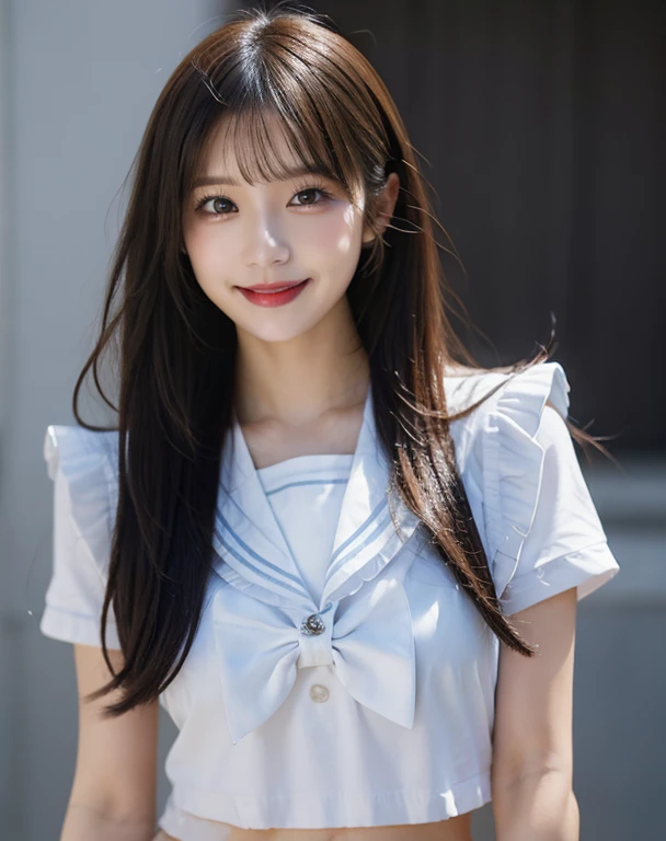 Highest quality, figure, Super detailed, In detail, High resolution, 8k wallpaper, Perfect dynamic composition, Beautiful attention to detail, Frillsたっぷりのアイドル衣装, Center of chest, Natural color lip, Random sexy poses,smile,、20-year-old girl、Beaver,Long Hairstyles,White shirt showing midriff, Frills, Sailor collar,