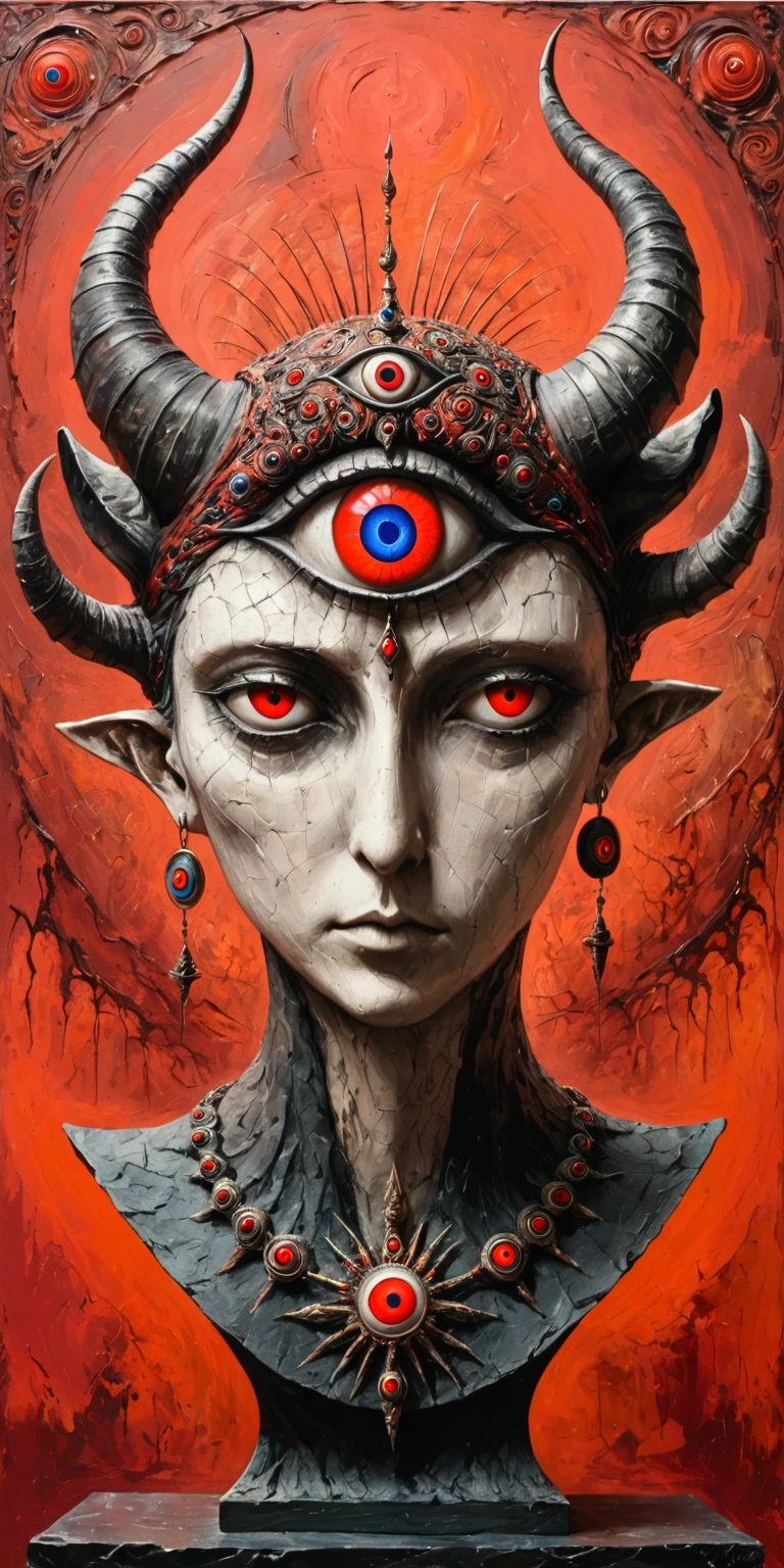 Abstract Sculpture，weird,Horns on the head - long，The third eye on the forehead，Abstract Art,Surrealism，Red background