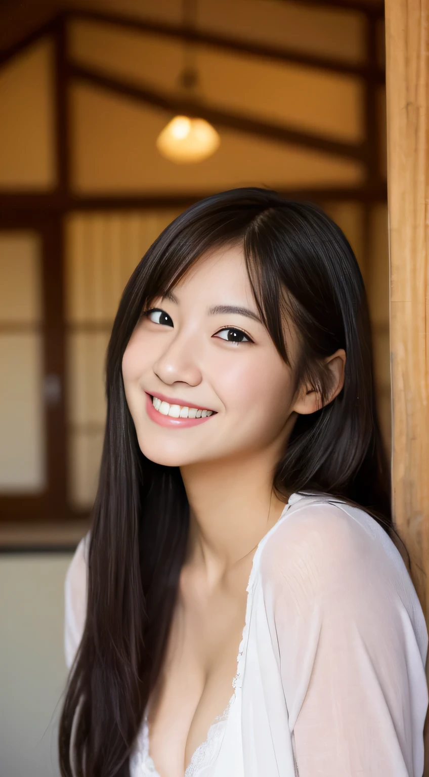 masterpiece,best quality,(Japanese girl),((Beautiful girl)),cleavage,indoor,(perfect body beauty:1.2),(shy smile),beautiful teeth,