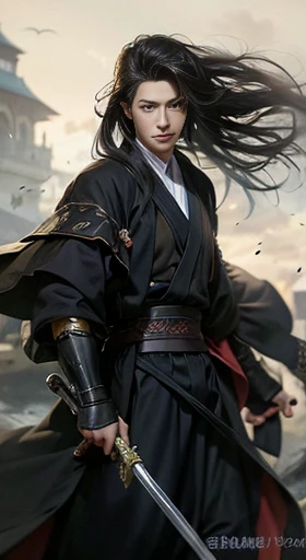 A warrior priest,length hair,Hanfu,Robe,Sword,Handsome face shape,Fierce and dangerous,The eyes are bright,flowing wind, extremely lifelike:1.2