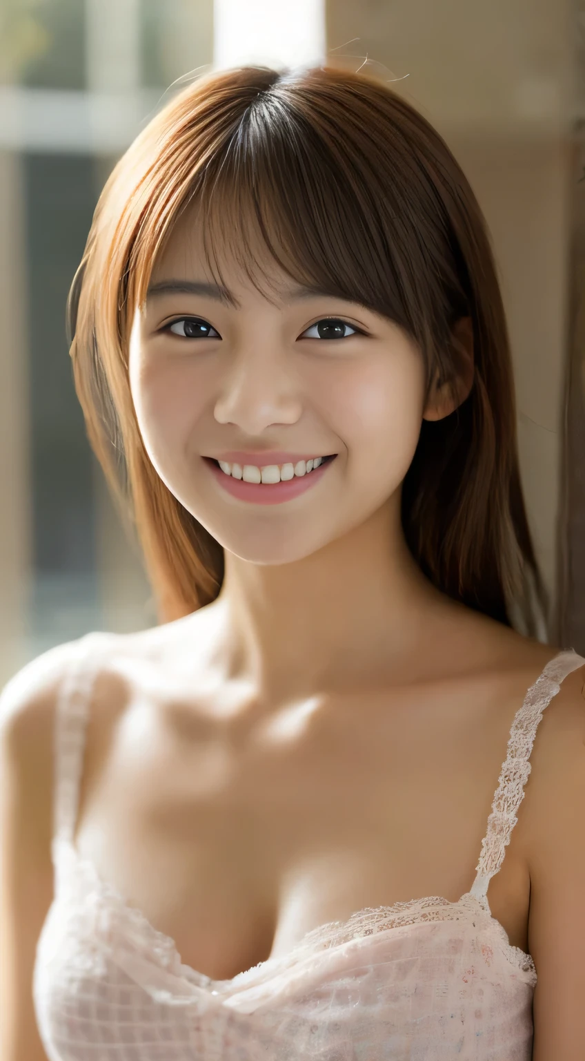masterpiece,best quality,(Japanese girl),((Beautiful girl)),cleavage,indoor,(perfect body beauty:1.2),(shy smile),beautiful teeth,