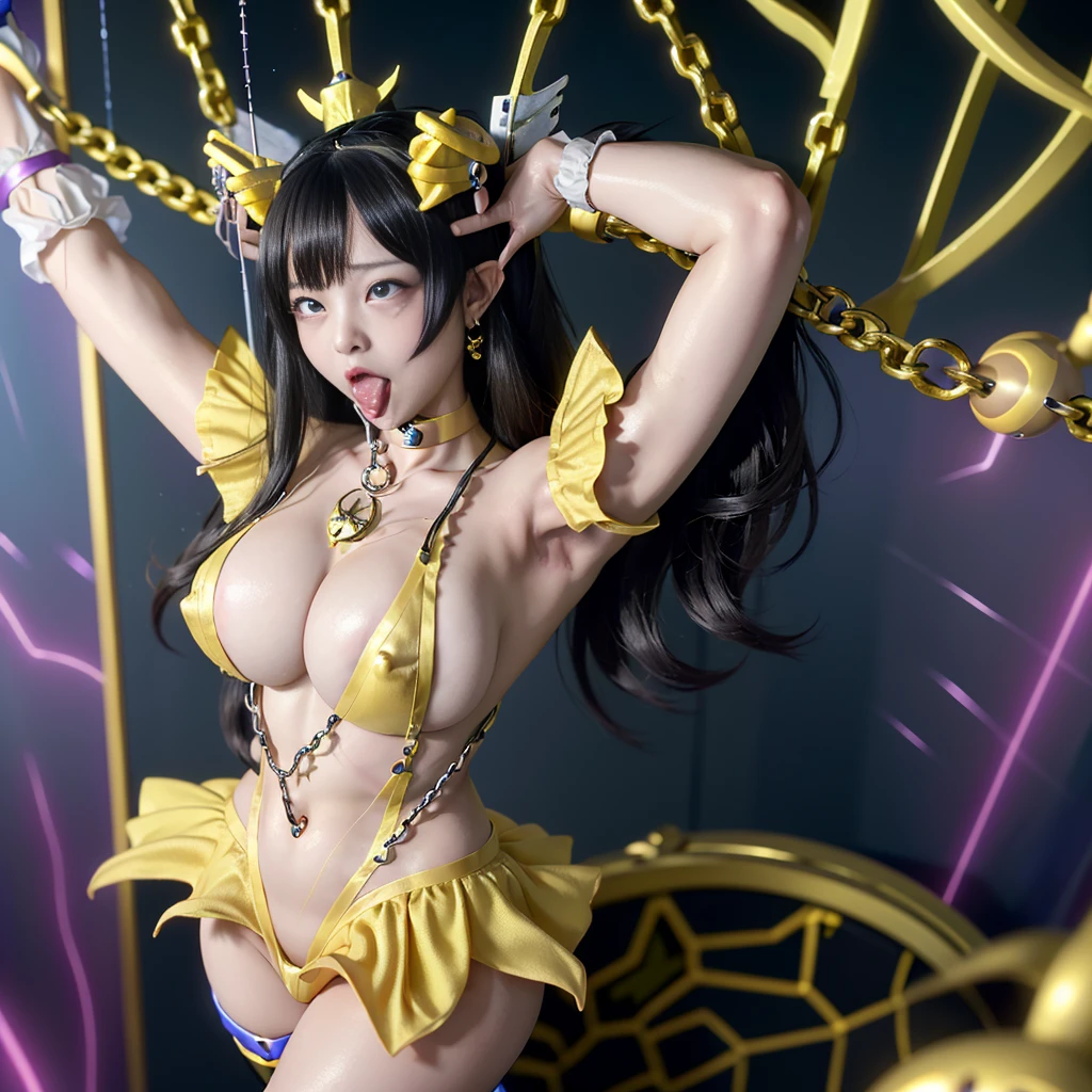high quality, masterpiece, Very detailed, 8k, A beautiful 11 year old Japanese girl:1.5, Small face, Black hair twin tails, blunt bangs, Breast Augmentation Surgery, (A gorgeous yellow magical girl heroine costume:1.5), He has a large metal helmet on his head that covers his hair and eyes., tubes connected to the body, wire, She gets electrocuted, brainwashing、 Stick your tongue out、 Open your mouth and show me your throat、 Ecstatic ahegao face、 (Both arms are chained:1.5)、 (The corners of the mouth turn up:1.5)