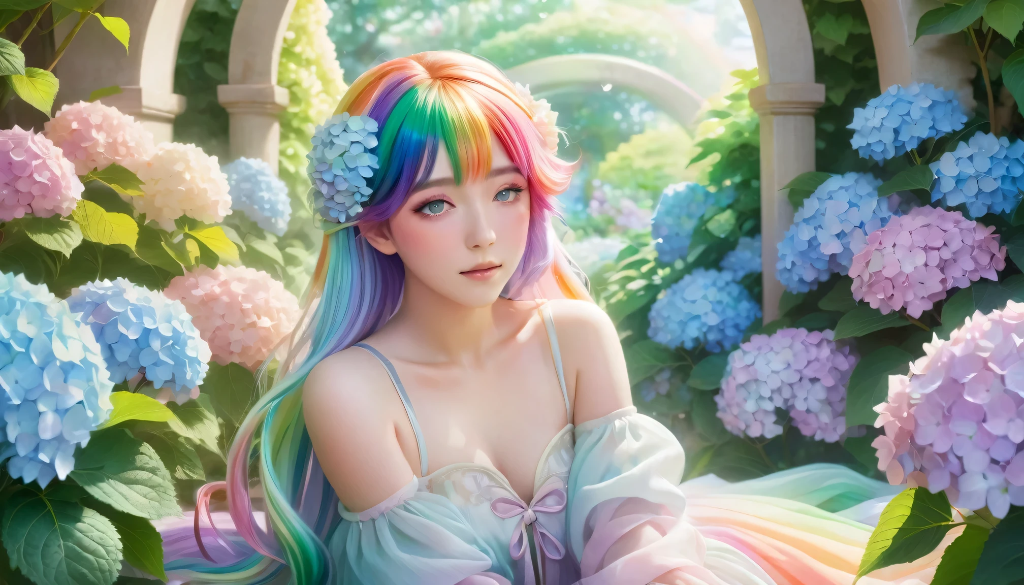 A beautiful anime girl with rainbow hair and eyes is resting in a magical garden. She is surrounded by pastel-colored hydrangeas, and a double rainbow arches over the scene. The style is light and dreamy, with a soft focus and ethereal quality.