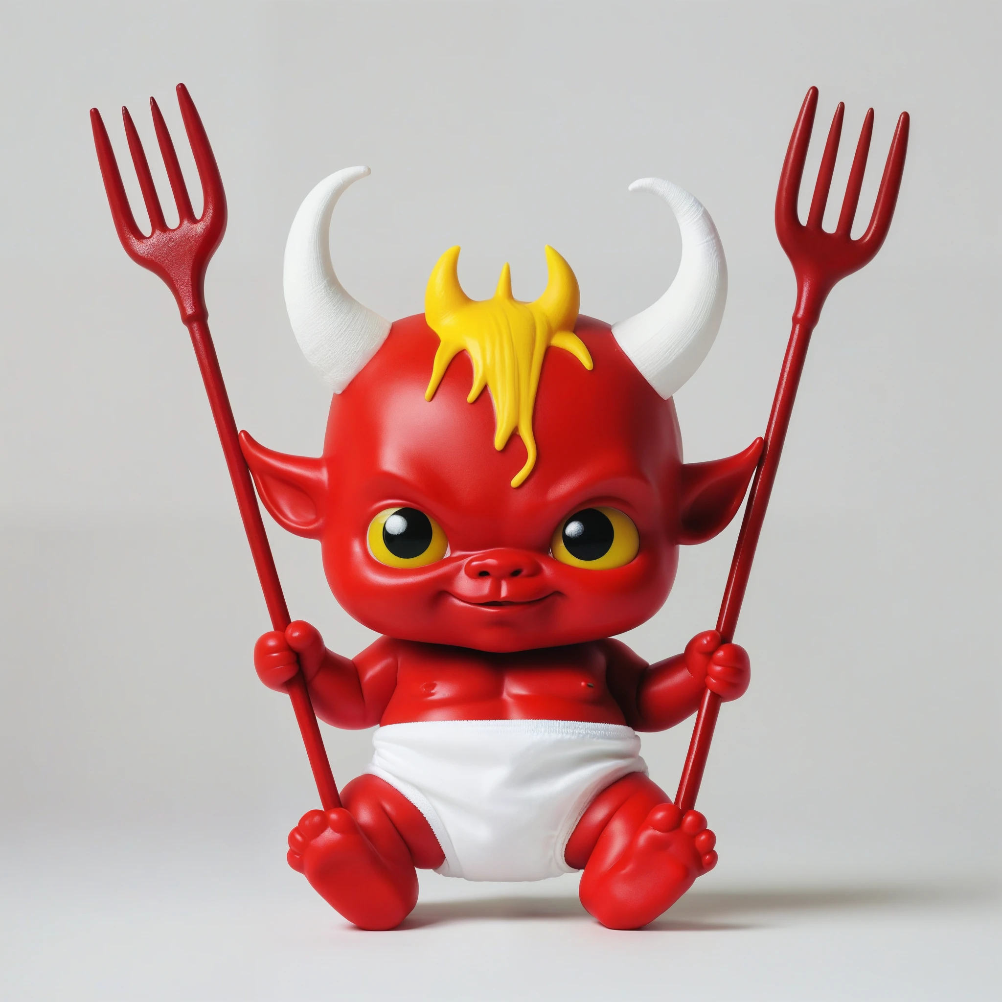 A red  devil with white papers, yellow horns and a pitchfork