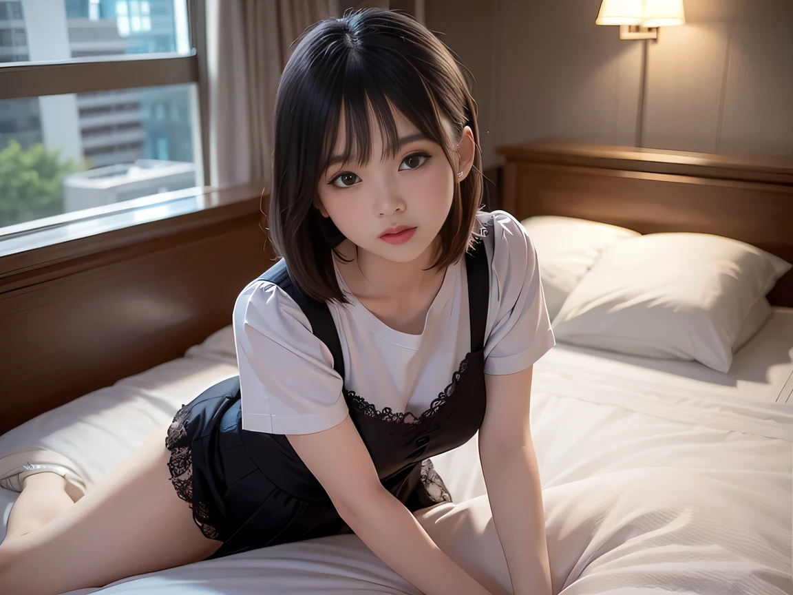 Highest quality, masterpiece, Ultra-high resolution, 8k, RAW Photos, Realistic, Anatomically correct:1.5), 20-year-old girl:1.2, Embarrassing, avert your eyes, blush:1.0, View Viewer, ((Hotel room at night)) 、(Dim lighting)、On the bed、Large windows、Night view、 Light:1.2, Bokeh, Cinema Lighting:1.0, sharp、 Cute Face、Idol、Short sleeve tulle top、Tulle skirt、(Black clothing)、”dwarf”、(Floral clothes)、(Full Body Shot)、Side angle、Cowboy Shot、Sexy pose、 smile、((Ultra short hair、Berry Short))、(Straight bangs)、(( One Girl))、(Waist)、(I can see your thighs)、(Accurate depiction)、((Fuller lips)),Large Breasts、