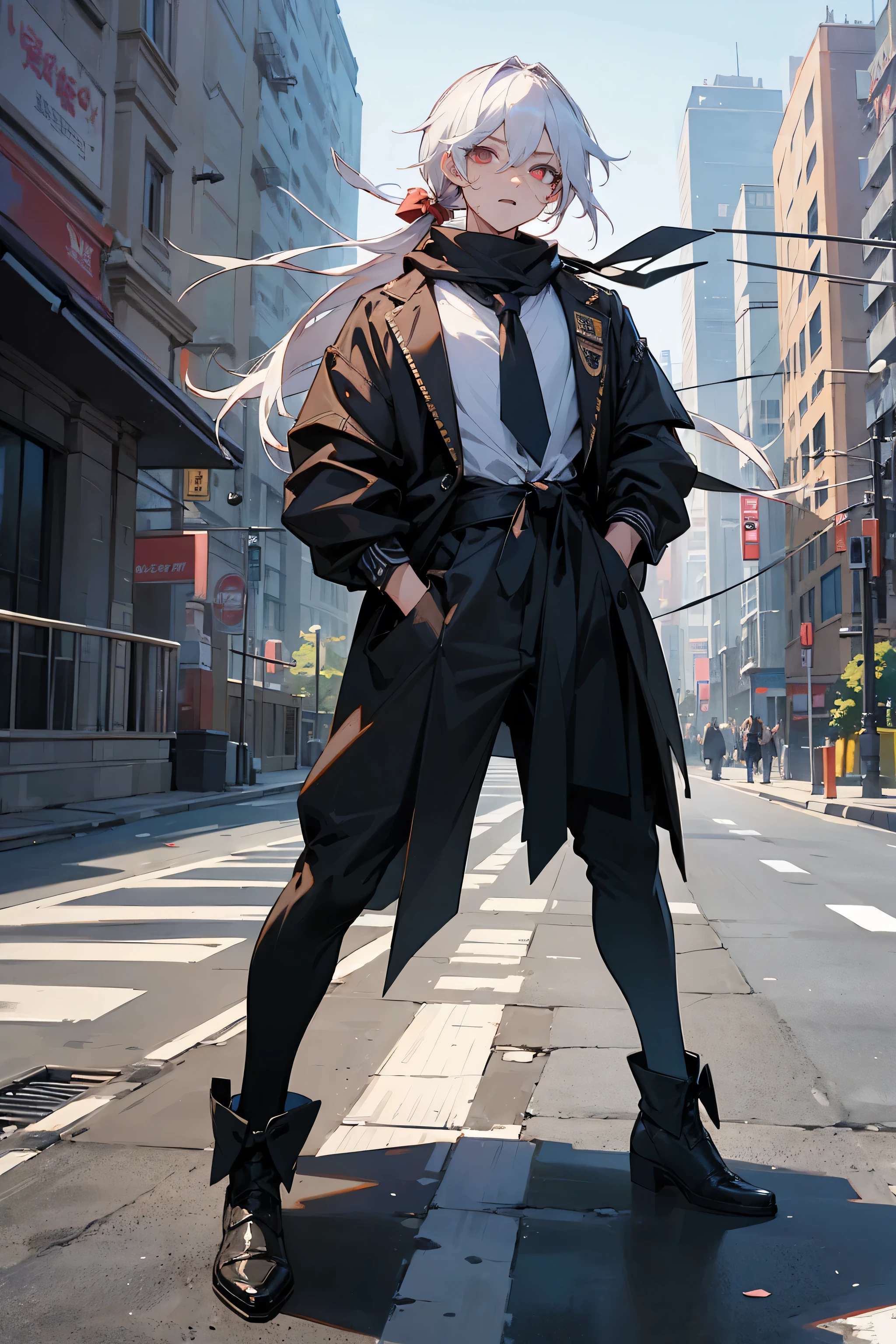 Masterpiece Quality, Perfect Generation, Sclera, Detailed Eyes, Skin, Hair, Muscular, Street Clothing, Crazy Expression, , City Background, Full Body, Skin, , , , facing viewer, Standing Outside, Clothed, , Eyes, hair, male, Tied up hair