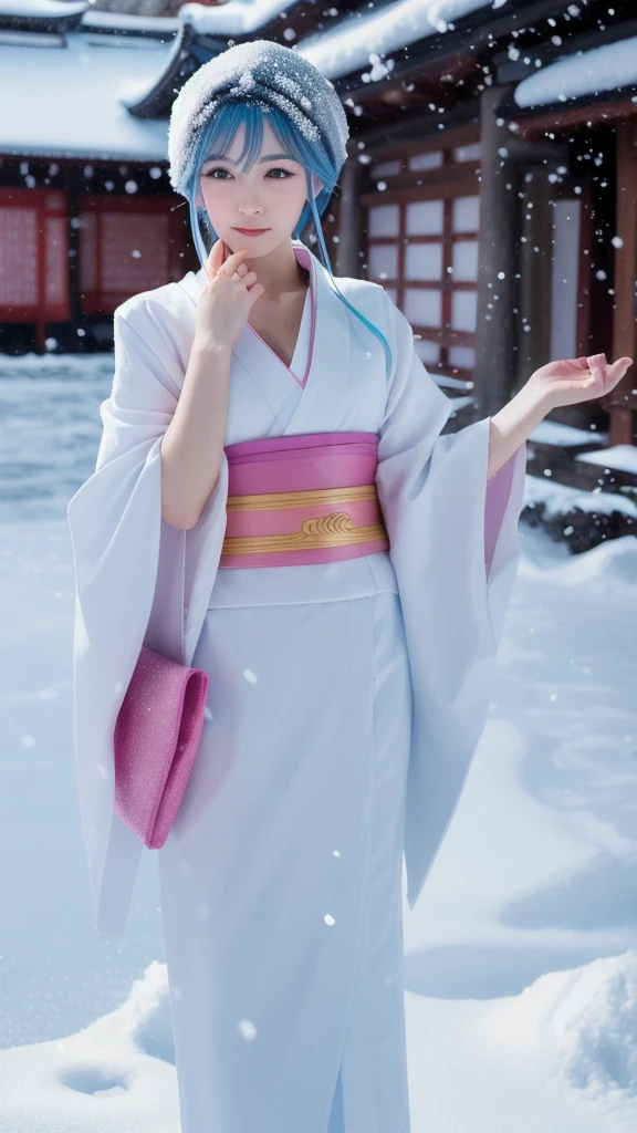 A perfectly tiled woman with long light blue hair wearing a traditional white kimono with purple and pink accents. She is standing in a snowy landscape with a background of Japanese temples and shrines. She is depicted with falling snow and cool colors. She has a calm and mysterious expression on her face, and the overall atmosphere is peaceful and tranquil