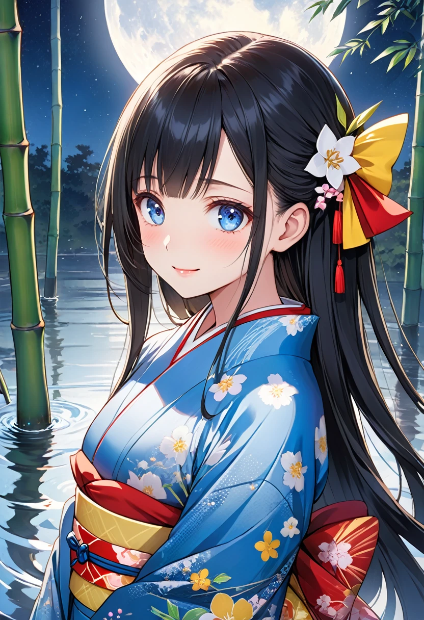 Tabletop.Highest quality).(Dynamic Angle). (Amazingly detailed CG paintings),(Perfect image)、Comic Strip.shape.One Girl.Detailed face、Perfect Face.Delicate face、Textured skin、Black Hair，Very long straight hair，((Beautiful Blue Eyes)).Delicate and beautiful eyes、The eyes are detailed、Reflective eyes、Watery eye、smile.(My face got a little red:0.8)、8k wallpaper、(((Cowboy Shot)))、reflected light、Attention to detail、Complex、Delicate background、Textured skin、Detailed skin、Twelve-layered kimono((Colorful Japanese Kimono))，Princess Kaguya,The Tale of the Bamboo Cutter,Looking up at the moonlit night with a sad face,Very long hair, 