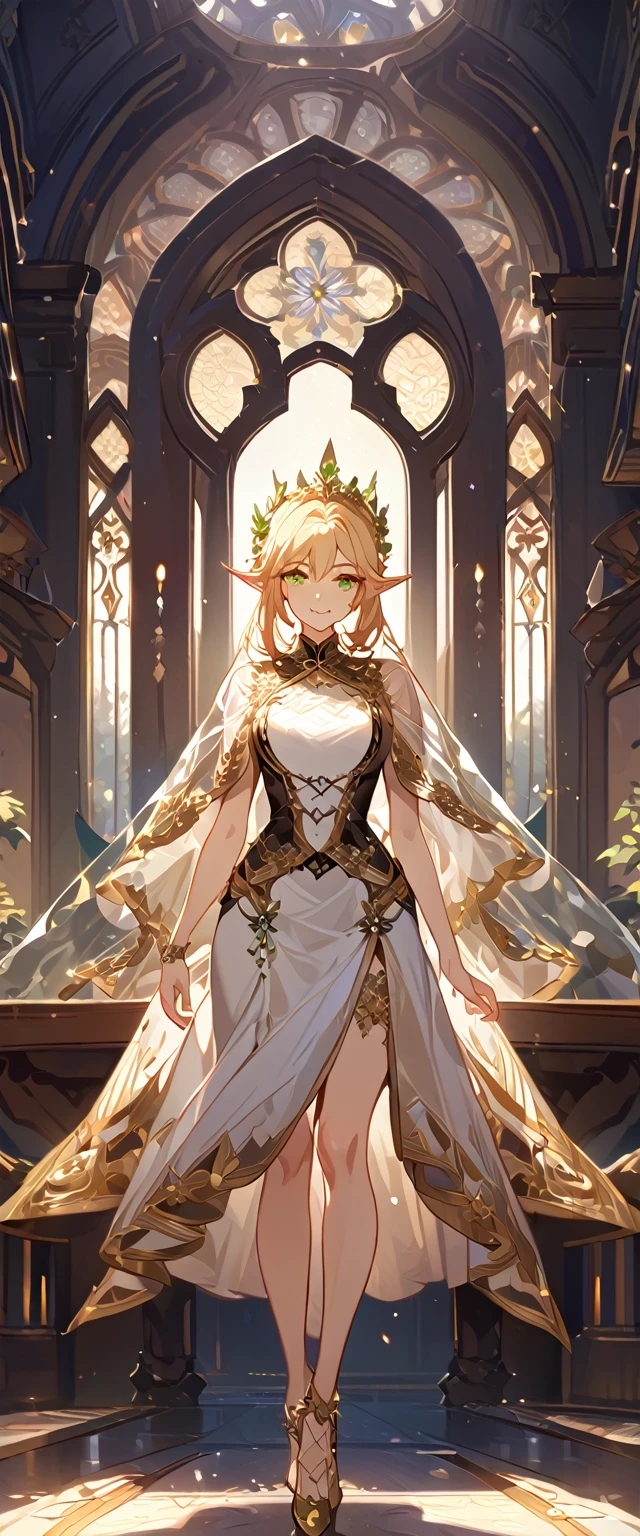 masterpiece, best quality, 8k ,4k , 1girl, elf queen, blond reddish hair, green eyes, big chest, gold wreath crown, hair ornament, finely detailed eyes and detailed face, looking at viewer, white sleeveless, Lace dress, patterned clothes, gold embroidery clothes, meticulous clothes, mature clothes, transparent cape with lace, majestic looks, smiling gently, small bird, full body, inspired by Asukaziye artist : ask, art style : ask