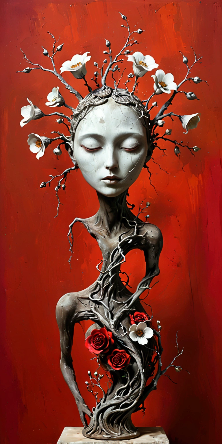 (((Abstract Sculpture,weird,Abstract Art,Surrealism))),Dead vines,Small white flowers,Red background