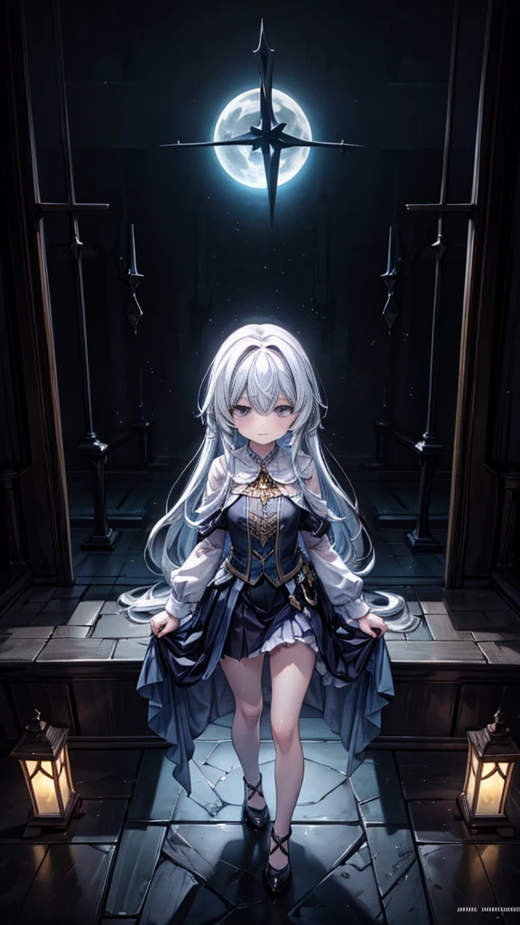 Masterpiece, High quality, 4K, HDR,, A Girl, Standing, A-line Skirt, Lift-Skirt, Shy, Facing the camera, shot from a high angle BREAK Fantasy-inspired setting with soft lighting, a sacred christian temple with moonlight filtering through a hazy mist.
