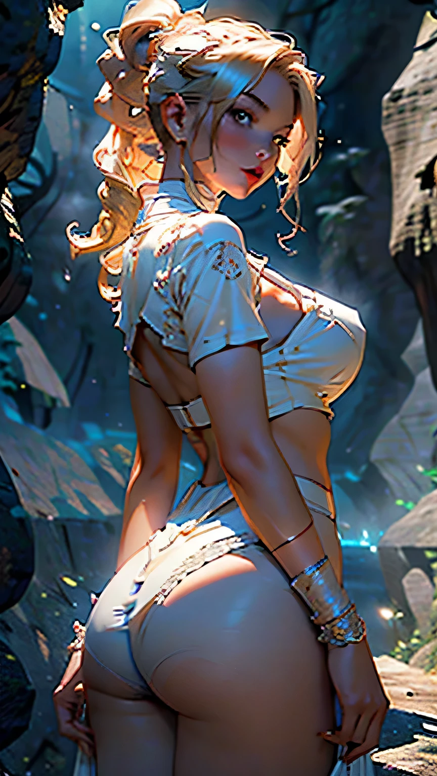 detailed, 8k、detailedな目で、Fashion model 20 years old 1girl, Look back、Blonde curly hair, ((ponytail)), (Super big breasts)))), ((Plump figure)), ((Ample breasts)), (髪のdetailed), (顔のdetailed) explanation), (detailed explanation of body), Fair and translucent skin, Unparalleled beauty, Long legs, (White lace underwear), (White Stockings), (ruby necklace)), (Mature royal sisters), (Red lips), (Fascinating face), To the audience, (((In a dark cave)), ((Pause_random))、masterpiece, 最high quality, high quality, High resolution, Beautiful back, View from behind、