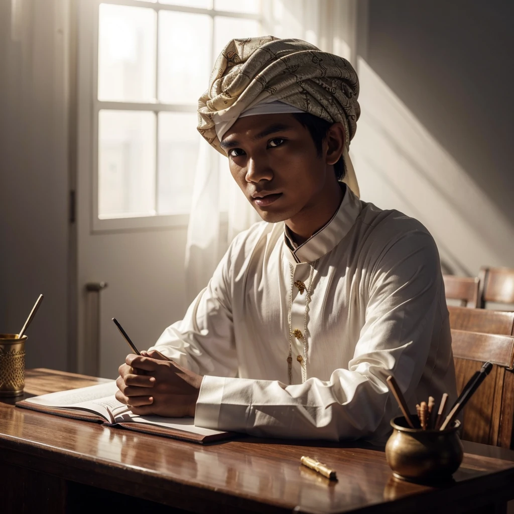 a young Indonesian man wearing an Arabic gamis, an imamah/turban on his head, sitting behind a teaching desk, realistic, 4k