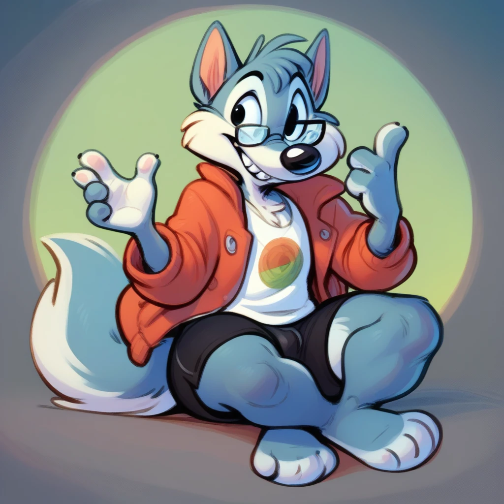 anthro, solo, mammal, clothing, male, detailed background, smile, eyewear, fur, clothed, topwear, glasses, canid, canine, grey body, grey fur, toony, blue body, bottomwear, biped, black nose, black shorts, thick thighs, feet, wolf, 4 fingers, fingers, gesture, canis, shirt, teeth, barefoot, toes, facial tuft, tuft, cheek tuft, jacket, tiny toons style,