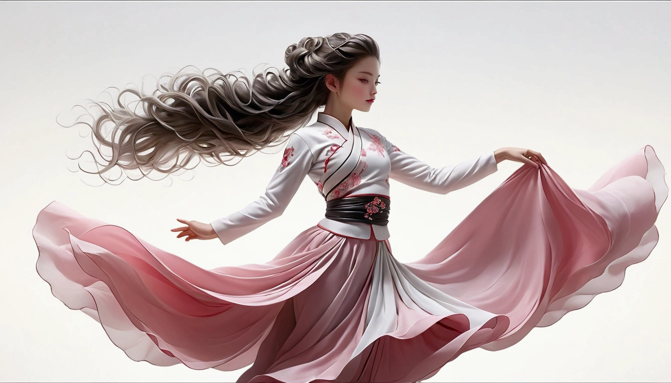 Dance photography;A dancer,Solitary;A dancing little girl,Wearing a Chinese style skirt,Pink and white gradient,Traditional style,Smudged skirt hem;The movements of the dance;elegant,Flexible skirt;Long hair,Long hair披肩。Full body view,front; Simple style;Minimalism。White background,Pure white background;Panoramic photography;Depth of Field, Extraordinary details, masterpiece, high quality, 4K,cinematic lighting, motion blur, depth of field, sparkle, ray tracing, reflection light, anatomically correct, uhd, textured skin, best quality, super detail, highres, high details, accurate, high quality, award winning
