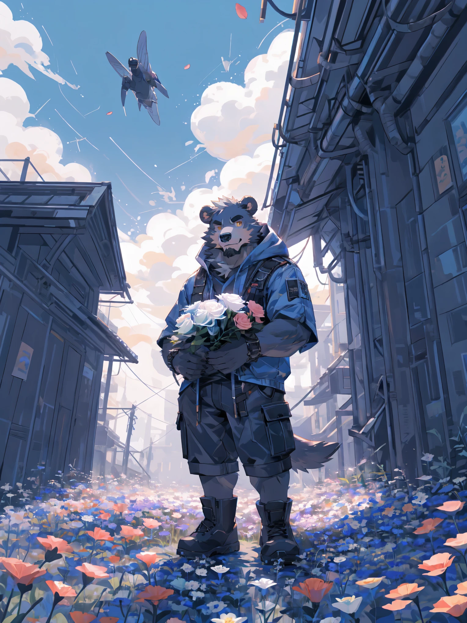 ultra-detailed,extremely detailed and beautiful, sky and white cloud and sunset glow background,ultra-detailed birds, (floating city in bloom, Floating petals, blooming gardens in the sky, many vines on the wall:1.2),Imagination,(masterpiece:1.2), best quality,pixiv,official art,perfect anatomy, (Ray tracing, light),solo, (1_male:1.3) , (muscle), (grey fur:1.4), (muscle bear), (beard:1.2), (gleaming golden eyes), bear tail, full body, Thick black eyebrows, (open short hoodie), (naked inside),cargo shorts, black short boots, (pure white background: 1.3), looking at viewer,dynamic pose, (holding a bouquet:1.3)