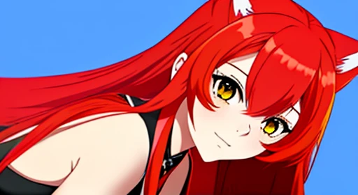 "Anime Neko with vibrant red hair and very long hair, striking a cute and flirtatious pose while looking captivatingly at the viewer."