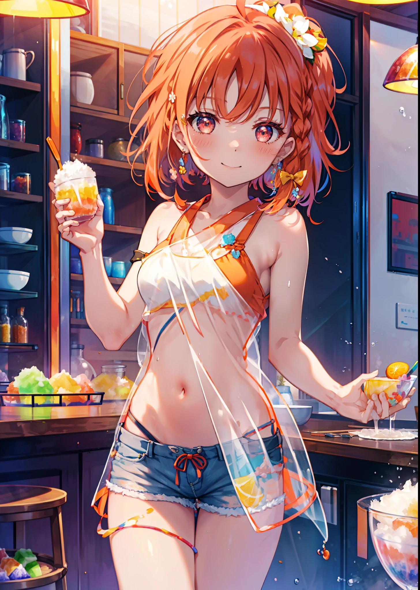 Takahai Chige,Orange Hair,Red eyes,smile,blush,Open your mouth,Long Hair,Ahoge,Orange tank top,Shorts,barefoot,Eating shaved ice in a glass bowl with a spoon on the table, Rainbow colors　　　　　　　　　break indoors, room, 　　　　　　　　　　　　break looking at viewer, whole body, (Cowboy Shot:1. 5)　　　　　　　　　　　　　　　　　　break (masterpiece:1.2), Highest quality, High resolution, unity 8k wallpaper, (shape:0.8), (Beautiful attention to detail:1.6), Highly detailed face, Perfect lighting, Extremely detailed CG, (Perfect hands, Perfect Anatomy),