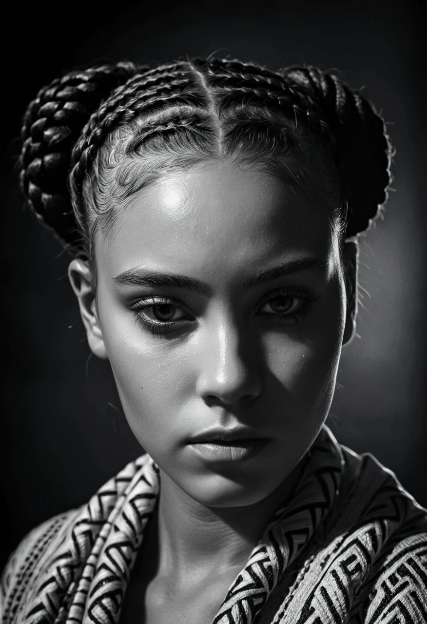 A beautiful girl with cornrows/bun hairstyle, face covered by a cloth, high contrast black and white, dramatic lighting, cinematic, chiaroscuro, oil painting, photorealistic, 8k, extremely detailed, masterpiece, studio lighting