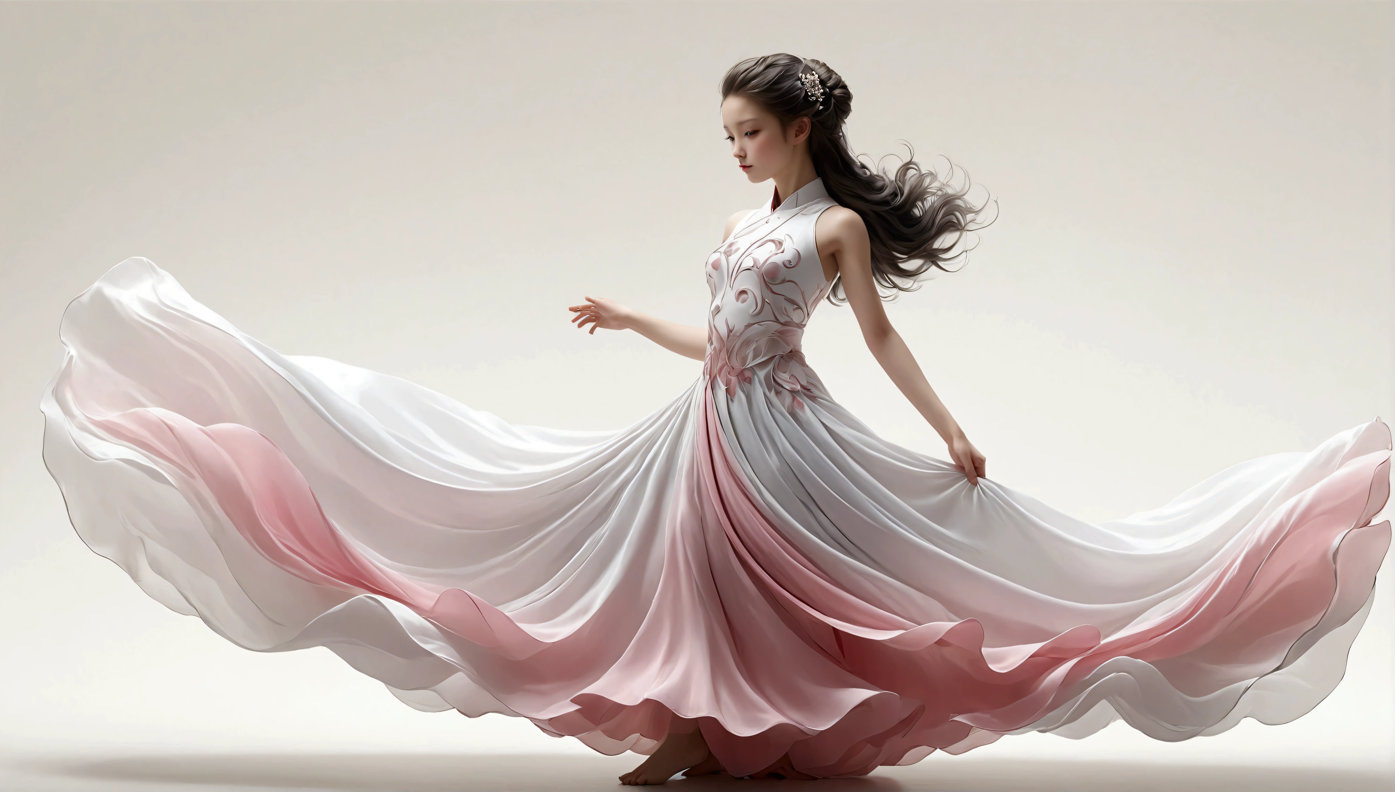 Dance photography；A dancer，Solitary；A *********** in a gorgeous long dress，Chinese-style skirt，Pink and white gradient，Conservative style，Smudged skirt hem；The movements of the dance；elegant，Flexible skirt；Long hair，Long hair披肩。Full body view，front； Simple style；Minimalism。White background，Pure white background；Panoramic photography；Depth of Field, Extraordinary details, masterpiece, high quality, 4K，cinematic lighting, motion blur, depth of field, sparkle, ray tracing, reflection light, anatomically correct, uhd, textured skin, best quality, super detail, highres, high details, accurate, high quality, award winning