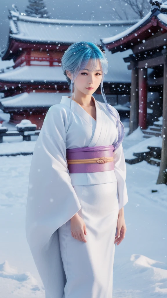 A perfectly tiled woman with long light blue hair wearing a traditional white mini kimono with purple and pink accents. She stands in a snowy landscape with Japanese temples and shrines in the background. She is depicted with falling snow and cool colors. She has a calm, mystical expression on her face, and the overall mood is peaceful and tranquil