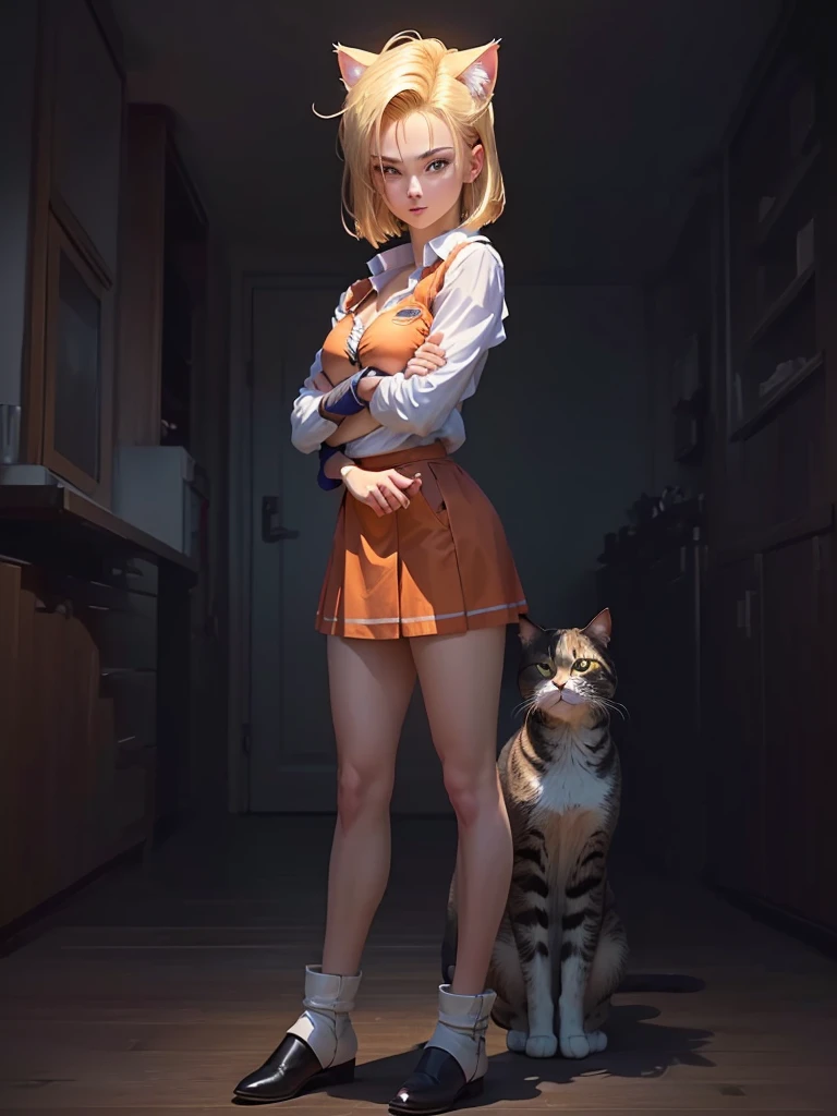 a close up of a person with a cat head and a skirt, android 18, saiyan girl, official character art, female goku, by Tadashi Nakayama, official render, detailed image, female protagonist 👀 :8, full body female, ( ( character concept art ) ), attractive cat girl, female full body, full character body, annie leonhart