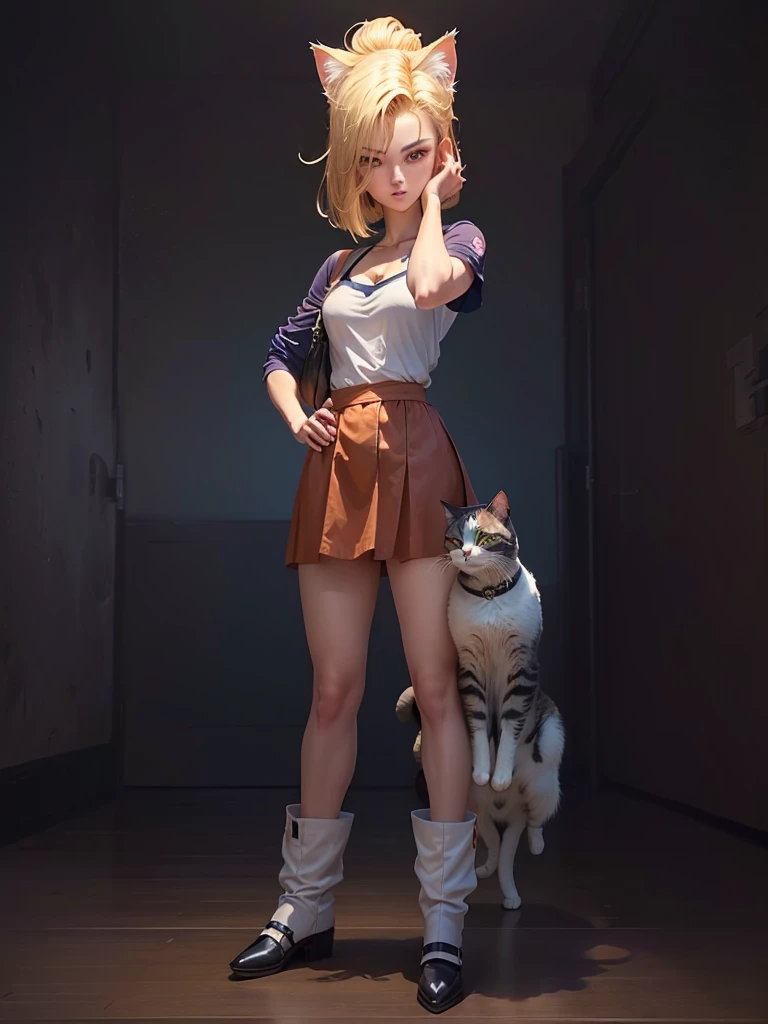 a close up of a person with a cat head and a skirt, android 18, saiyan girl, official character art, female goku, by Tadashi Nakayama, official render, detailed image, female protagonist 👀 :8, full body female, ( ( character concept art ) ), attractive cat girl, female full body, full character body, annie leonhart