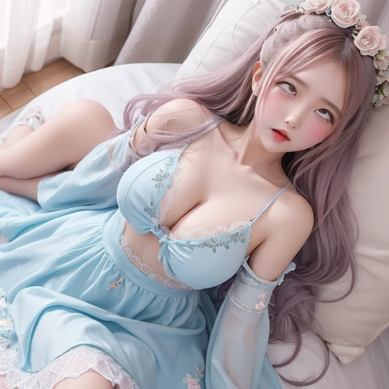 Soft pastel dresses Fine lace and embroidery. Fluffy long hair tied up loosely.、corolla Pale blue or pink、White or pastel colored long dress first round brainwashing defeat yield Prostration Princess Big Breasts clear