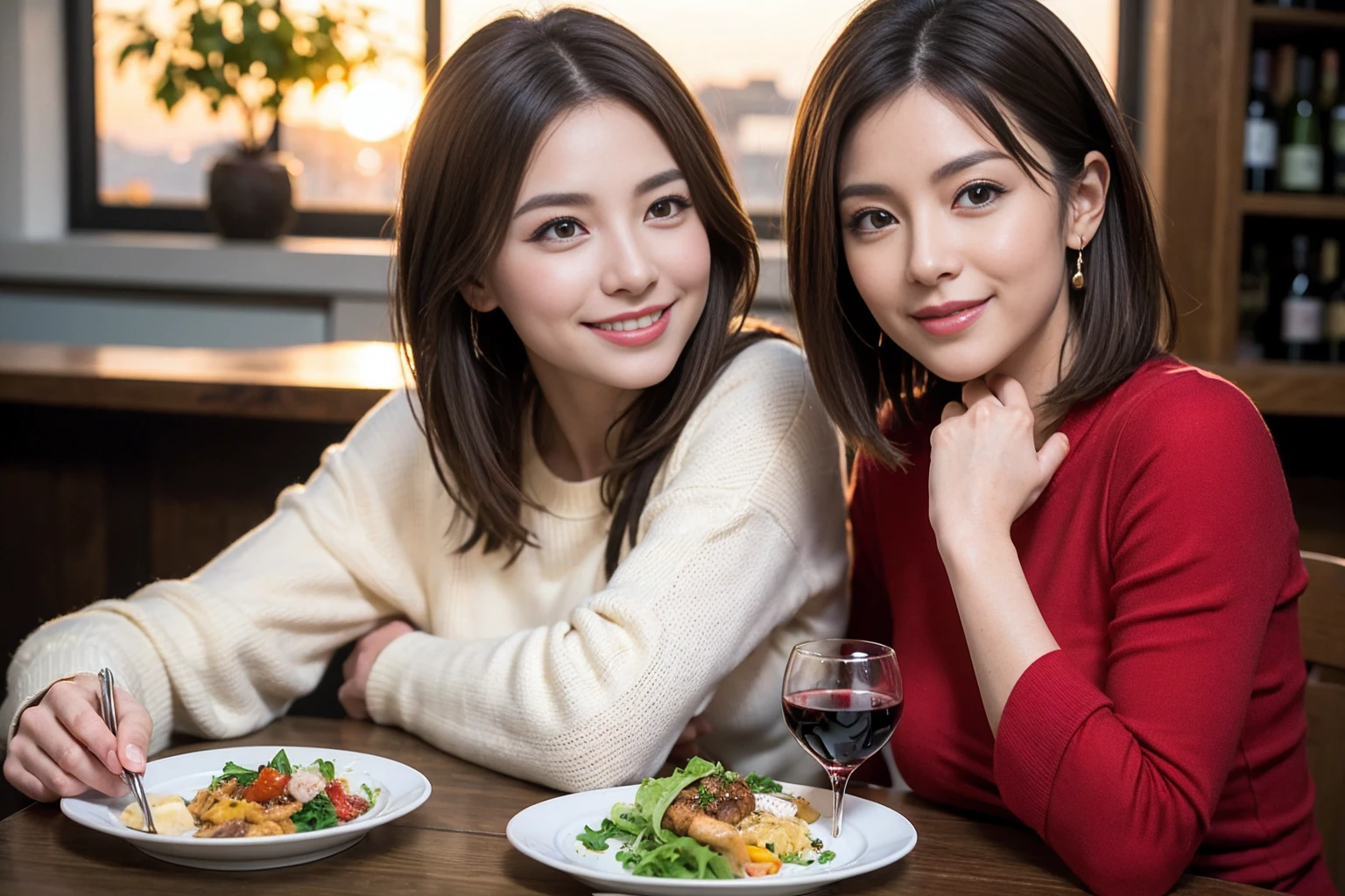 (Realistic:1.1),(masterpiece,Highest quality),8k,(49 years old), 47 years old, slimカップル、Model Couple、actress/actor、Tight waist,Upper Body,full-course dinner、wine 、Amazing view of the sunset sky and clouds、Perfect Anatomy, Brown Hair, short hair,Random Hairstyles,((Highly detailed face and eyes:1.2))(cute顔:1.4),美しいactressの顔,Perfect golden ratio face,Long sleeve shirt、dress,(smile:1.2)、Shortcuts、cute、(Realistic, Intricate details:1.2), A bright smile、short hair,Bright Face、赤wine 、Appetizers、Italian food、wine bottle、Champagne、スパークリングwine、(slimな顔), (The body is slim), (Brown Hair), (Shortcuts), Upper Body, 白wine, slim, wineグラス,