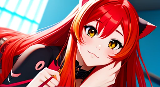 Anime Neko with vibrant red hair and very long hair, striking a cute and flirtatious pose while looking captivatingly at the viewer